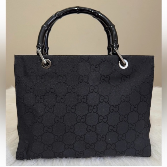 Authentic Gucci Bamboo GG Canvas Satchel Tote Bag Black Silver Hardware EUC - Picture 1 of 16